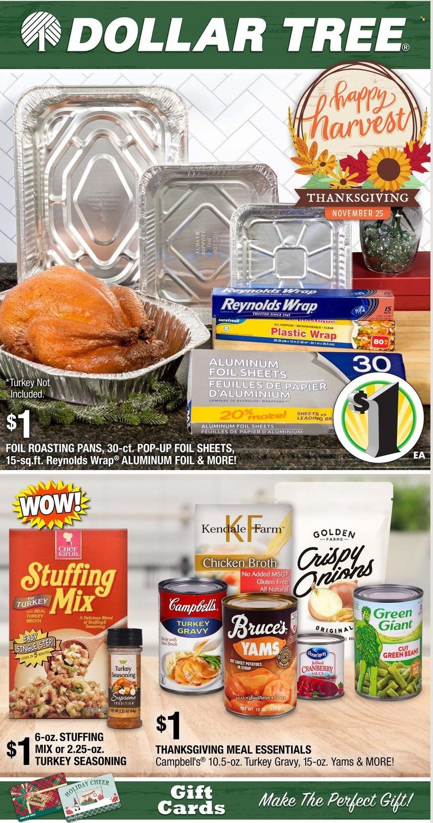 thumbnail - Dollar Tree Flyer - 11/14/2021 - 11/27/2021 - Sales products - beans, green beans, sweet potato, potatoes, Campbell's, stuffing mix, chicken broth, broth, spice, turkey gravy, aluminium foil. Page 1.