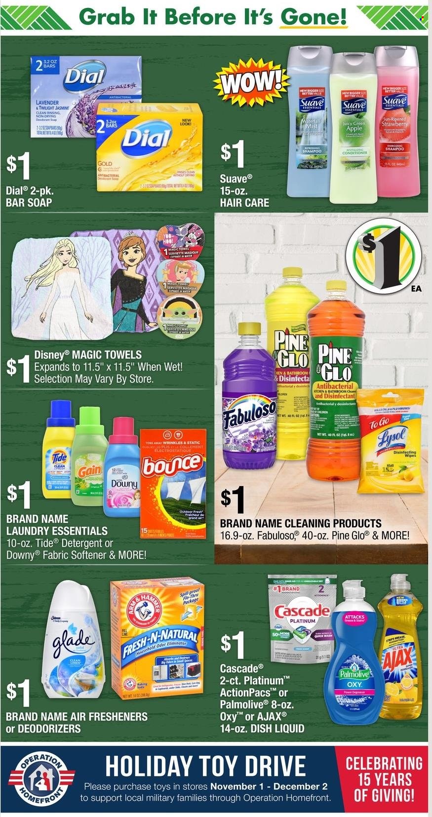 thumbnail - Dollar Tree Flyer - 11/14/2021 - 11/27/2021 - Sales products - Disney, wipes, detergent, Gain, desinfection, Lysol, Ajax, Fabuloso, Cascade, Tide, fabric softener, laundry detergent, dishwashing liquid, shampoo, Suave, Palmolive, soap bar, Dial, soap, conditioner, anti-perspirant, deodorant, air freshener, Glade, towel, toys. Page 4.