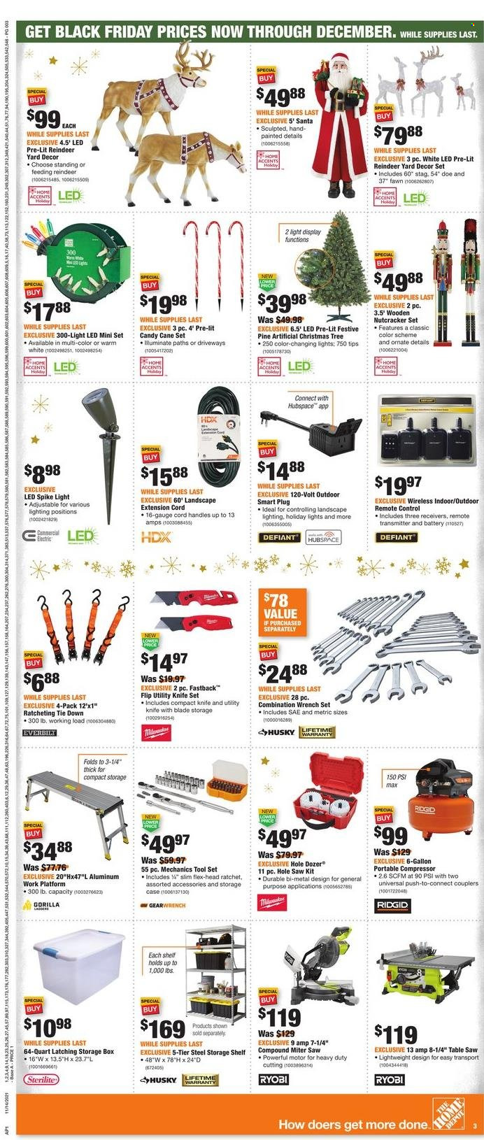 thumbnail - The Home Depot Flyer - 11/14/2021 - 12/01/2021 - Sales products - remote control, table, shelves, reindeer, christmas tree, lighting, smart plug, Ridgid, Ryobi, tool set, wrench set, air compressor, extension cord, mechanic's tools, utility knife. Page 3.