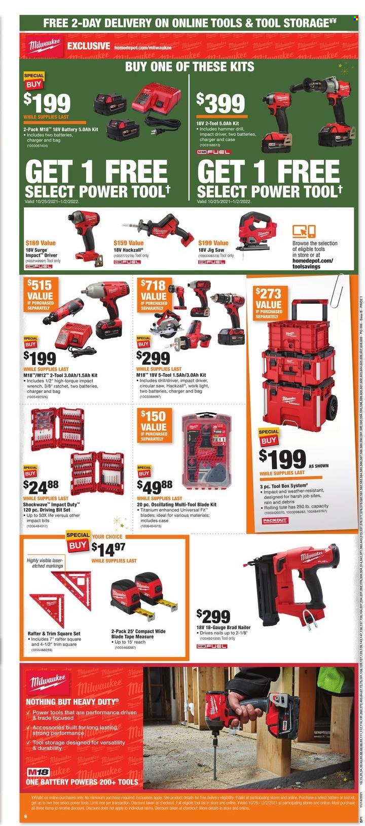 thumbnail - The Home Depot Flyer - 11/14/2021 - 12/01/2021 - Sales products - tote, surge, Milwaukee, impact driver, power tools, circular saw, saw, jig saw, tool box, measuring tape. Page 6.