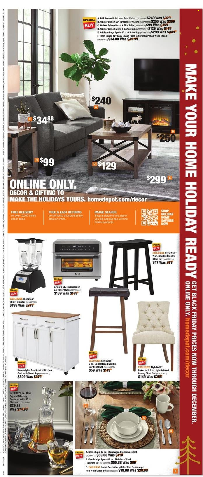 thumbnail - The Home Depot Flyer - 11/14/2021 - 12/01/2021 - Sales products - dinnerware set, flatware, flatware set, wine glass, pot, stoneware, chair pad, linens, TV stand, oven, blender, kitchen cart, table, stool, chair, bar stool, dining chair, sofa, coffee table, sidetable, rug, area rug, cart. Page 9.