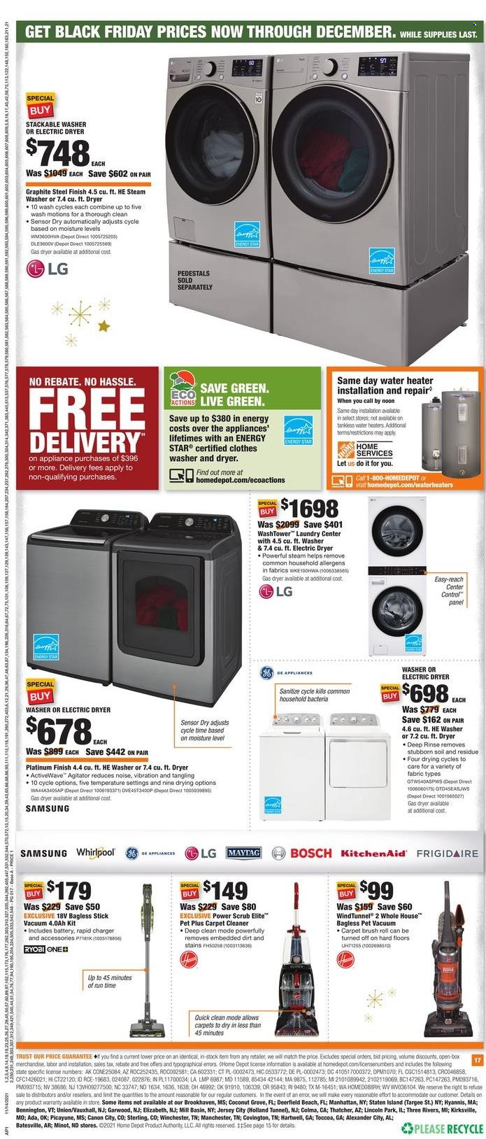 thumbnail - The Home Depot Flyer - 11/14/2021 - 12/01/2021 - Sales products - KitchenAid, Trust, LG, Samsung, Canon, Whirlpool, Maytag, water heater, washer & dryer, washing machine, electric dryer, Ryobi. Page 17.
