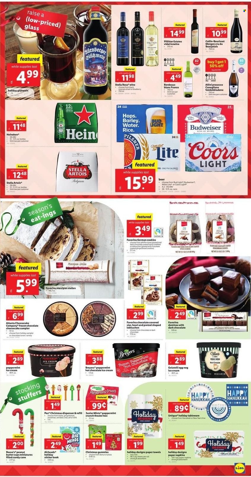 thumbnail - Lidl Flyer - 11/17/2021 - 11/24/2021 - Sales products - pretzels, gingerbread, marzipan stollen, stollen, donut, eggs, ice cream, Reese's, cookies, german cookies, candy cane, AirHeads, Santa, dark chocolate, peanut butter cups, spice, hot chocolate, prosecco, wine, Moscato, beer, Bud Light, Heineken, napkins, kitchen towels, paper towels, dispenser, tableware, sticker, book, Elf, Budweiser, Miller Lite, Stella Artois, Coors. Page 3.