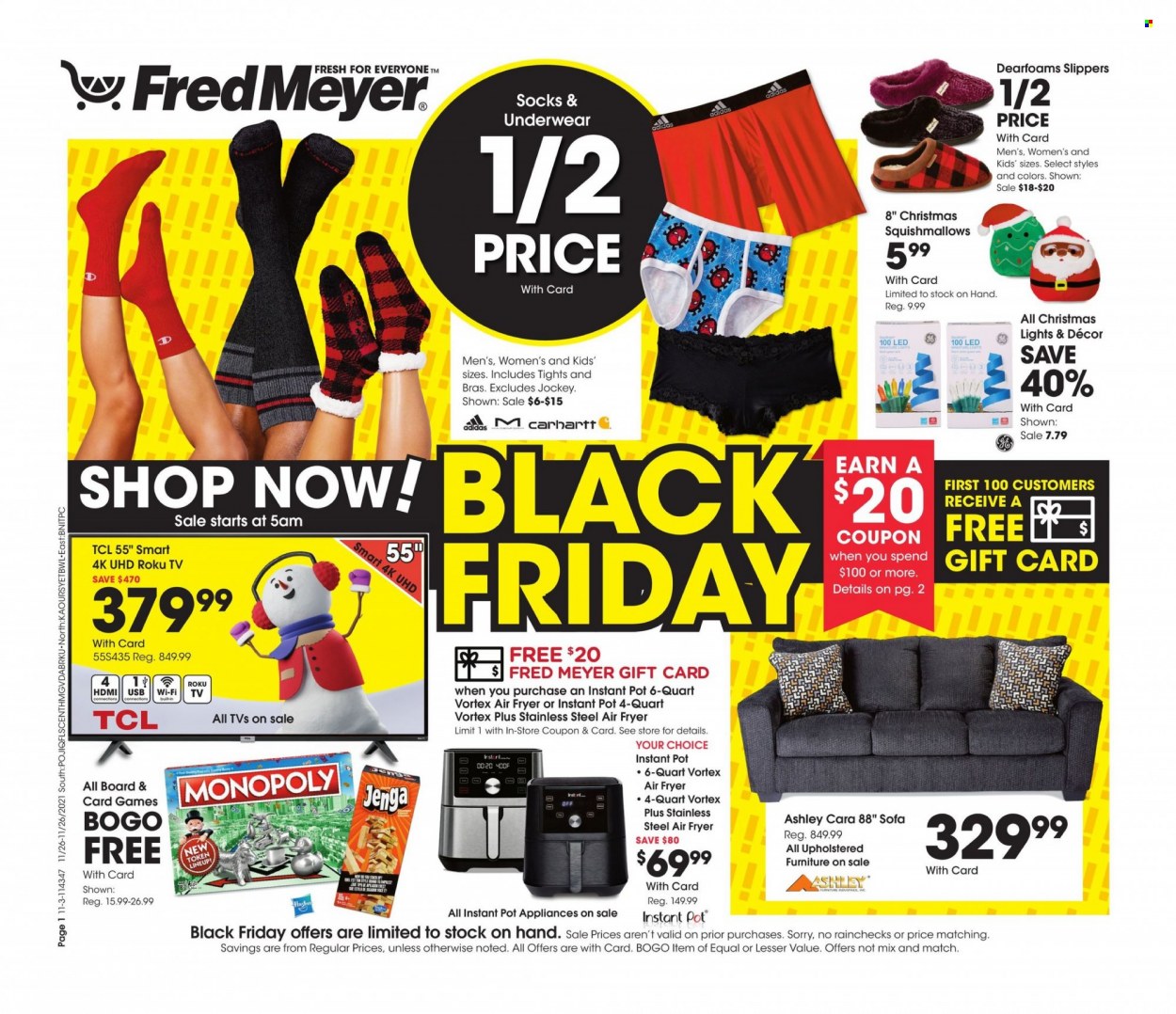 Fred Meyer Flyer - 11/26/2021 - 11/26/2021 - Sales products - Adidas, slippers, pot, TCL, roku tv, TV, air fryer, Instant Pot, sofa, socks, tights, bra, underwear, Monopoly, Squishmallows. Page 1.