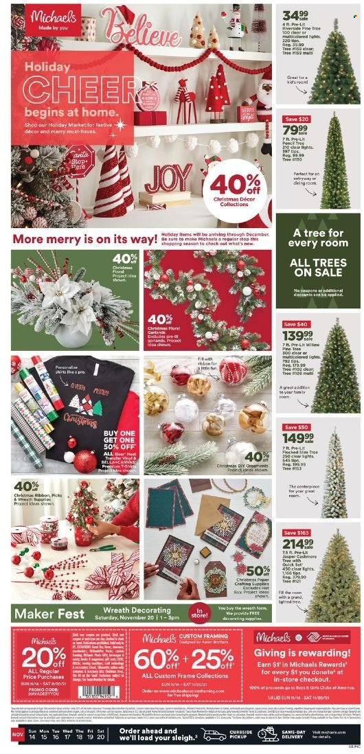 thumbnail - Michaels Flyer - 11/14/2021 - 11/20/2021 - Sales products - paper, wreath, christmas decor, shirt. Page 1.