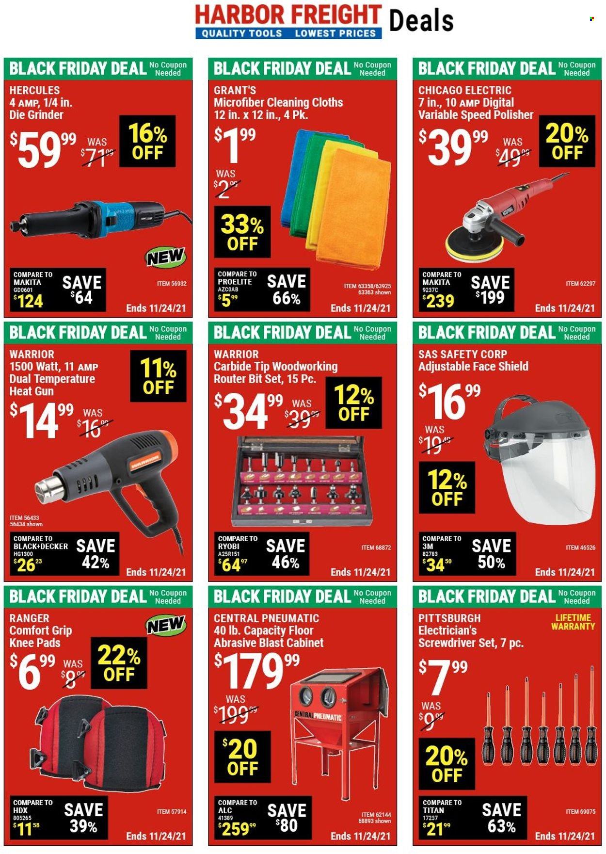 thumbnail - Harbor Freight Flyer - 11/12/2021 - 11/24/2021 - Sales products - knee pads, screwdriver, grinder, screwdriver set, cabinet, central pneumatic. Page 10.