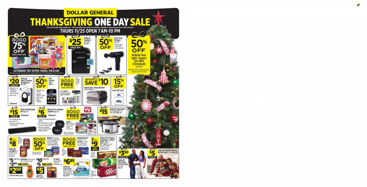 thumbnail - Dollar General Flyer - 11/25/2021 - 11/27/2021 - Sales products - pepper, Planters, Canada Dry, pants, tissues, Palmolive, lid, Air Wick, blanket, TV, sherpa, toys. Page 1.