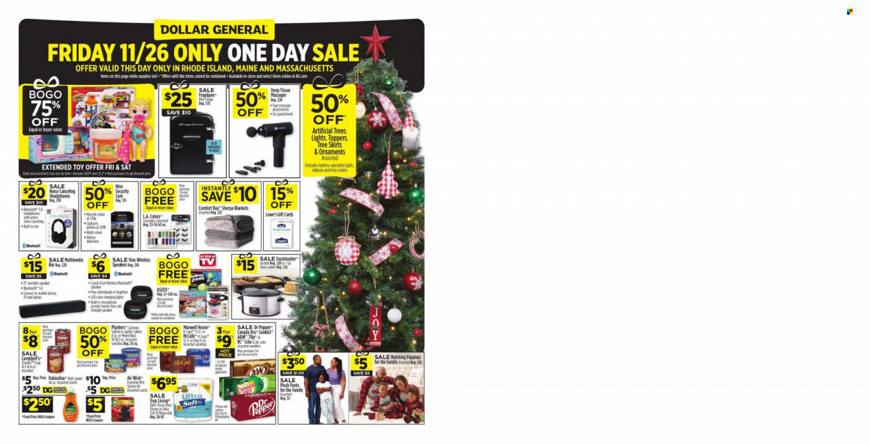 Dollar General Flyer - 11/26/2021 - 11/27/2021 - Sales products - pepper, Planters, Canada Dry, pants, Palmolive, lid, Air Wick, blanket, TV, sherpa, toys. Page 1.