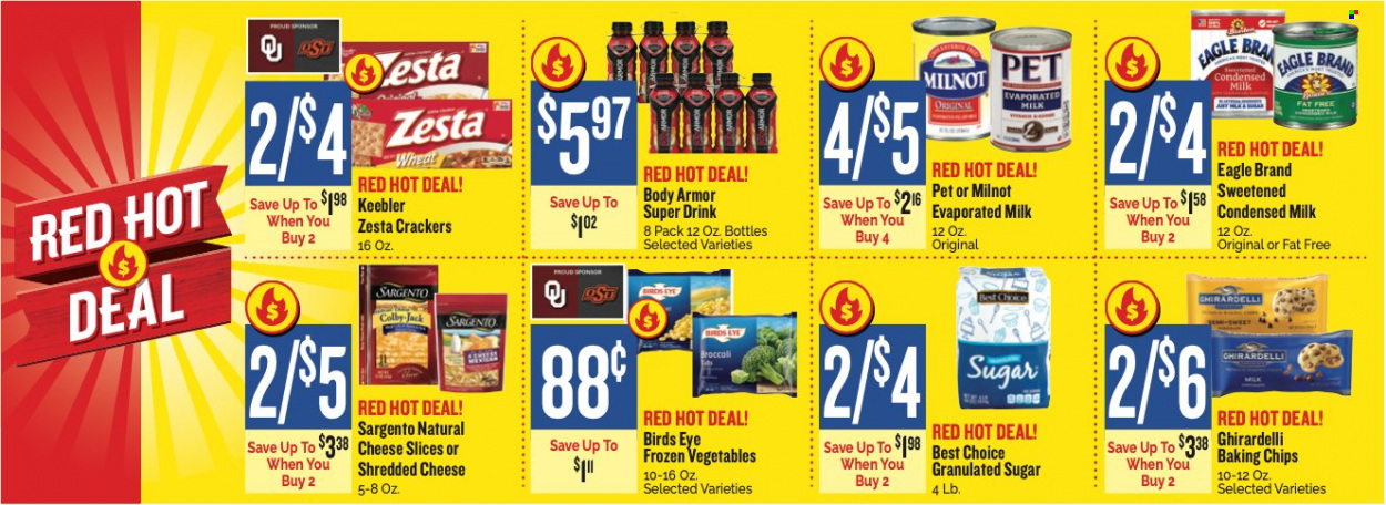 thumbnail - Homeland Flyer - Sales products - broccoli, Bird's Eye, Colby cheese, shredded cheese, sliced cheese, Sargento, evaporated milk, condensed milk, frozen vegetables, crackers, Ghirardelli, Keebler, granulated sugar, sugar, baking chips, Body Armor. Page 1.