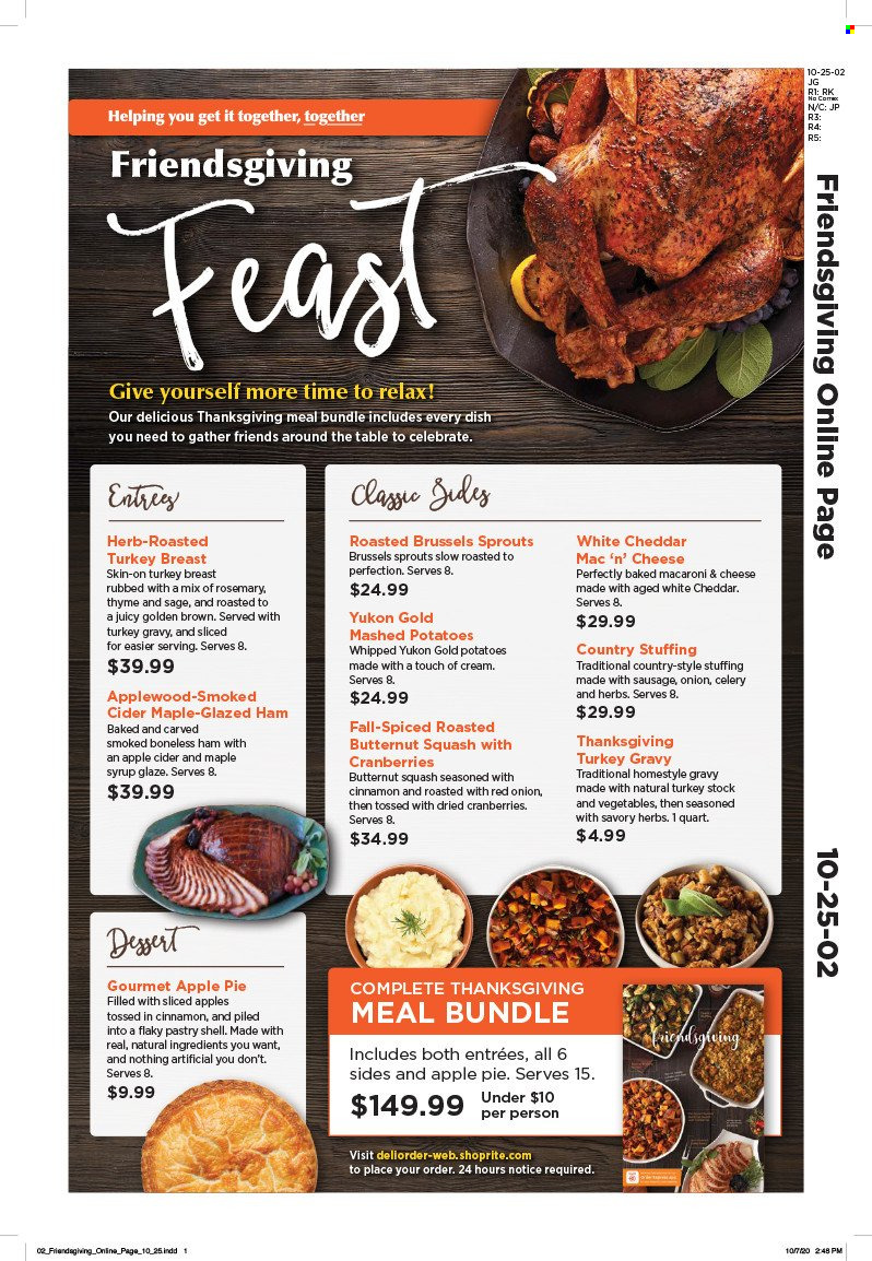 thumbnail - ShopRite Flyer - Sales products - apple pie, onion, macaroni & cheese, mashed potatoes, ham, sausage, cranberries, rosemary, turkey gravy, homestyle gravy, maple syrup, syrup, dried fruit, apple cider, cider, turkey breast, butternut squash. Page 1.