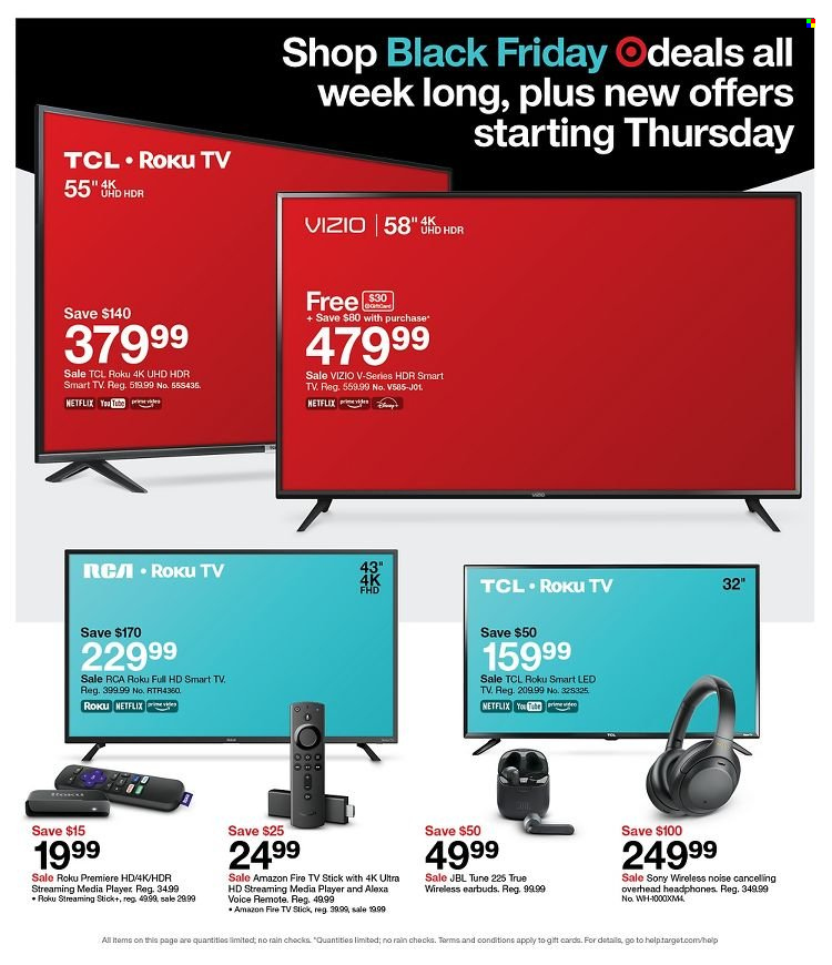 thumbnail - Target Flyer - 11/21/2021 - 11/27/2021 - Sales products - Sony, Vizio, Amazon Fire, PREMIERE, TCL, RCA, JBL, earbuds, streaming media player, Fire TV Stick. Page 4.