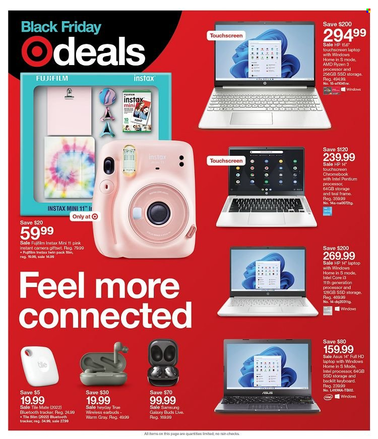 thumbnail - Target Flyer - 11/21/2021 - 11/27/2021 - Sales products - Intel, Asus, Hewlett Packard, Samsung Galaxy, Samsung, laptop, chromebook, touchscreen laptop, keyboard, fujifilm, earbuds. Page 43.
