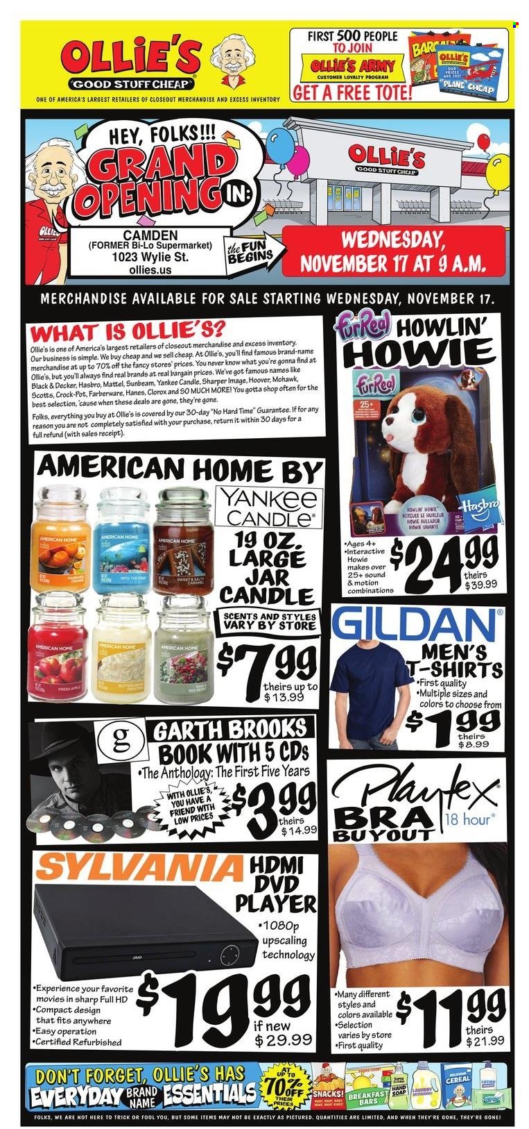 thumbnail - Ollie's Bargain Outlet Flyer - 11/17/2021 - 11/18/2021 - Sales products - pot, Sharp, candle, Yankee Candle, Sylvania, book, dvd player, Sunbeam, Black & Decker, tote, t-shirt, Mattel, Hasbro. Page 1.