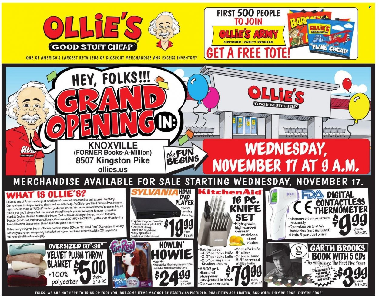 thumbnail - Ollie's Bargain Outlet Flyer - 11/17/2021 - 11/18/2021 - Sales products - KitchenAid, sharpener, pot, chef’s knife, slicer, Sharp, candle, Yankee Candle, book, blanket, dvd player, Sunbeam, Black & Decker, tote, Mattel, Hasbro. Page 1.