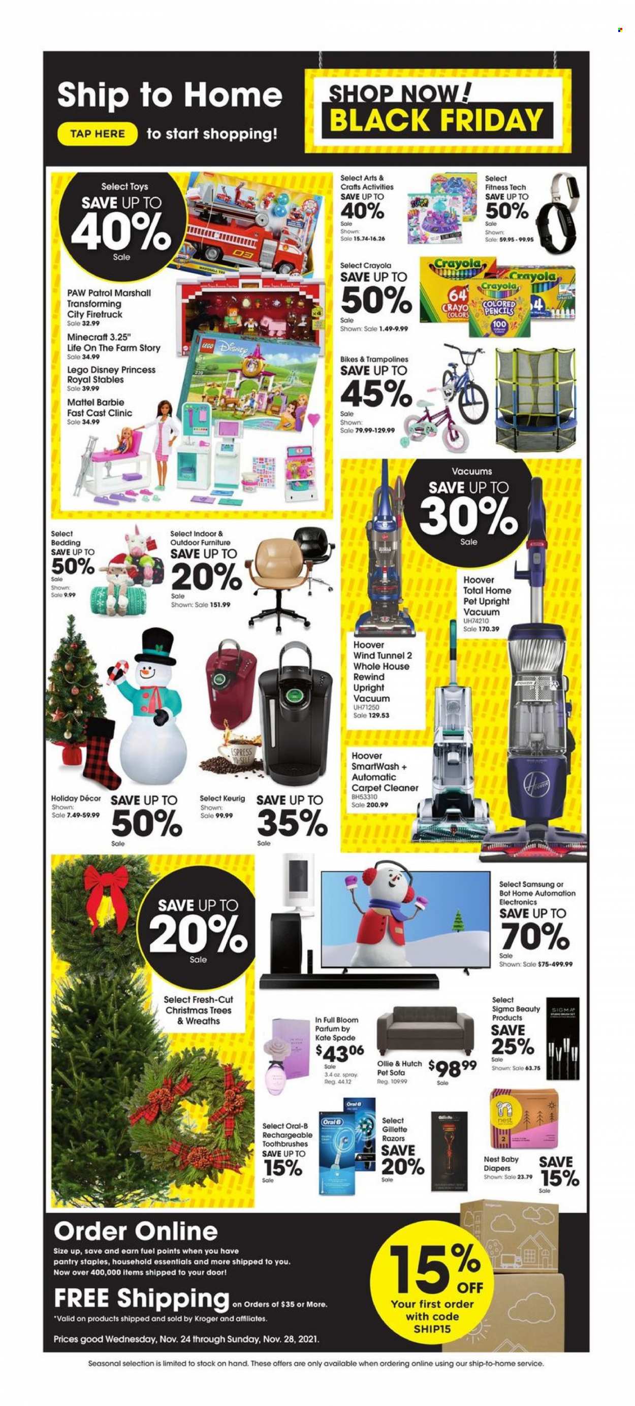 thumbnail - Baker's Flyer - 11/24/2021 - 11/28/2021 - Sales products - Disney, Paw Patrol, Keurig, nappies, cleaner, Oral-B, Gillette, Barbie, crayons, pencil, Sigma, bedding, hutch, Samsung, Minecraft, Marshall, outdoor furniture, christmas tree, LEGO, Mattel, toys, princess, LEGO Disney Princess, trampoline, spade. Page 1.