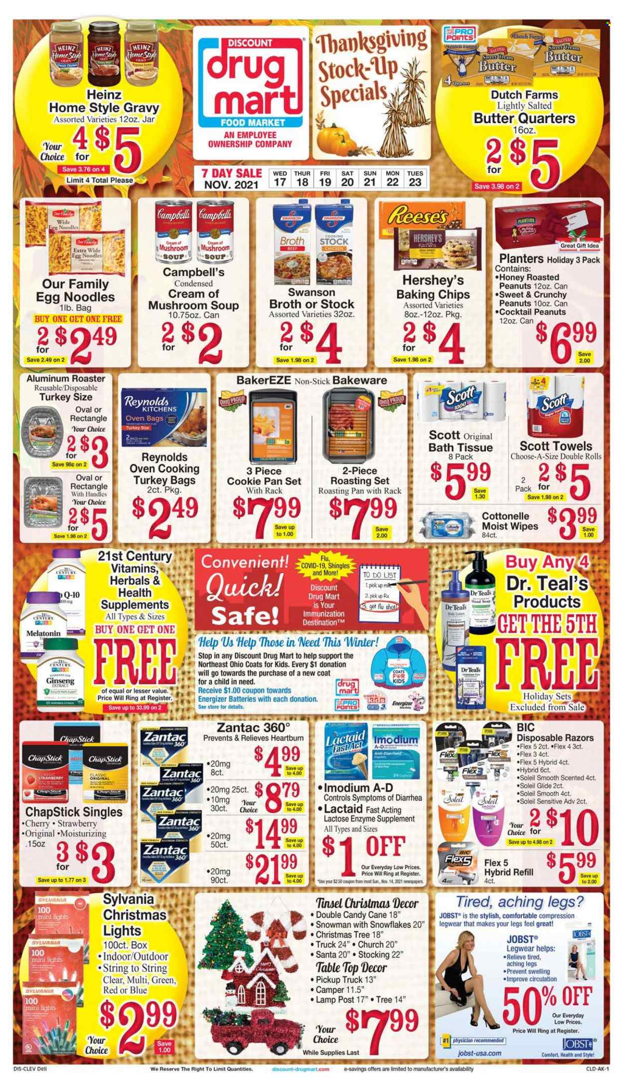 thumbnail - Discount Drug Mart Flyer - 11/17/2021 - 11/23/2021 - Sales products - cherries, Campbell's, mushroom soup, soup, noodles, butter, salted butter, Reese's, Hershey's, candy cane, Santa, broth, baking chips, Heinz, egg noodles, roasted peanuts, peanuts, Planters, wipes, bath tissue, Cottonelle, Scott, paper towels, BIC, disposable razor, bakeware, battery, Energizer, Sylvania, Melatonin, Zantac, Imodium, ginseng, health supplement. Page 1.