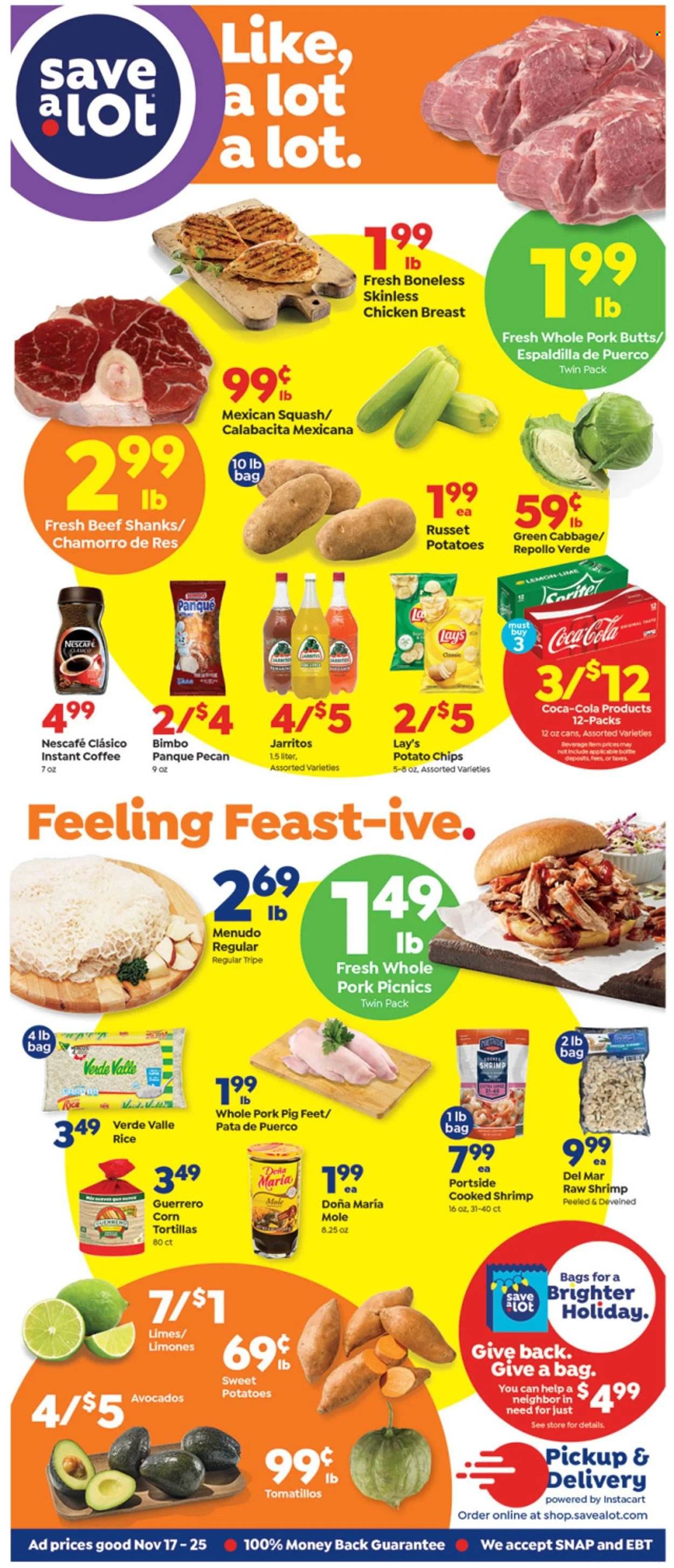 thumbnail - Save a Lot Flyer - 11/17/2021 - 11/25/2021 - Sales products - corn tortillas, tortillas, russet potatoes, sweet potato, tomatillo, mexican squash, avocado, limes, shrimps, potato chips, chips, Lay’s, rice, Coca-Cola, instant coffee, Nescafé, chicken breasts. Page 1.