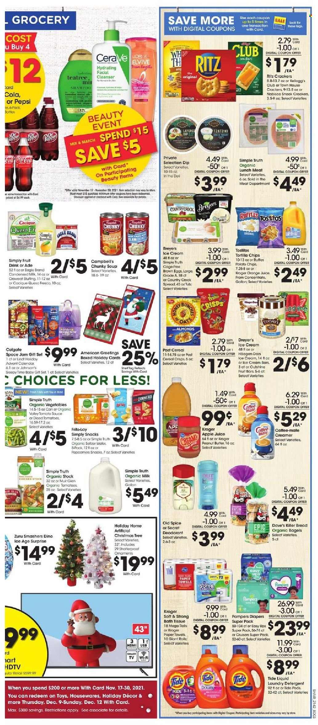 thumbnail - Kroger Flyer - 11/17/2021 - 11/25/2021 - Sales products - christmas tree, bagels, bread, clams, soup, tzatziki, lunch meat, queso fresco, Coffee-Mate, organic milk, eggs, creamer, dip, ice cream, gift set, snack, Lindt, crackers, Kellogg's, RITZ, tortilla chips, chips, Frito-Lay, Ruffles, Tostitos, cereals, spice, fruit jam, peanut butter, almonds, apple juice, Pepsi, orange juice, juice, fruit drink, seltzer water, L'Or, Pampers, nappies, Johnson's, bath tissue, kitchen towels, paper towels, detergent, Tide, laundry detergent, shampoo, Old Spice, Colgate, cleanser, anti-perspirant, deodorant, HDTV, TV, toys, Zuru. Page 6.