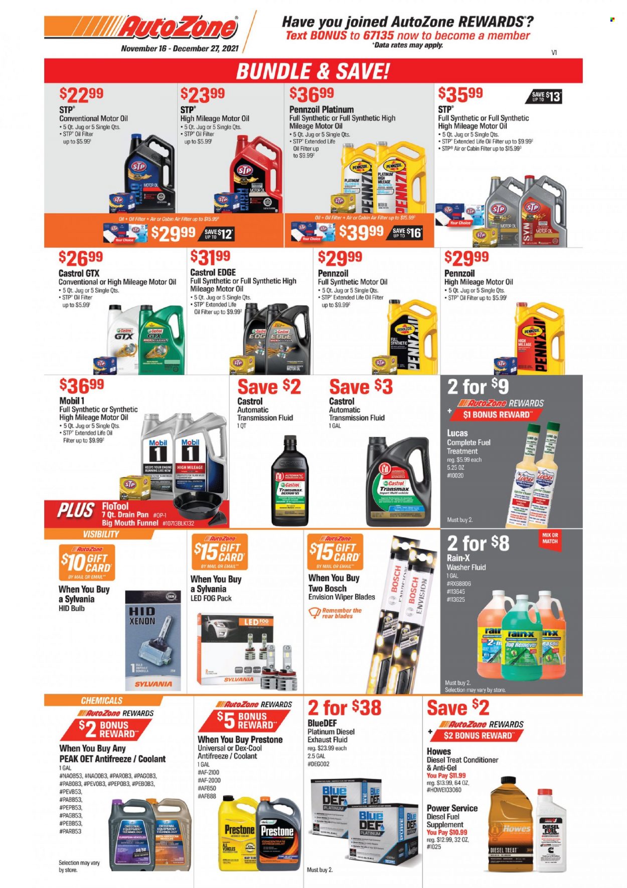 thumbnail - Autozone Flyer - 11/16/2021 - 12/27/2021 - Sales products - bulb, Sylvania, vehicle, air filter, wiper blades, oil filter, cabin filter, Lucas, cleaner, antifreeze, STP, washer fluid, Rain-X, Mobil, motor oil, Prestone, transmission fluid, fuel supplement, Castrol, exhaust fluid, Pennzoil. Page 1.