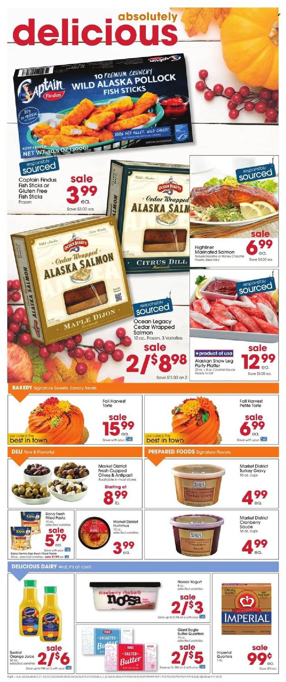 thumbnail - Giant Eagle Flyer - 11/18/2021 - 11/24/2021 - Sales products - cake, rhubarb, fish fillets, salmon, pollock, fish, fish fingers, fish sticks, pasta, sauce, Rana, filled pasta, hummus, yoghurt, butter, olives, dill, cocktail sauce, turkey gravy, marinade, cranberry sauce, honey, Coca-Cola, orange juice, juice, cup. Page 8.
