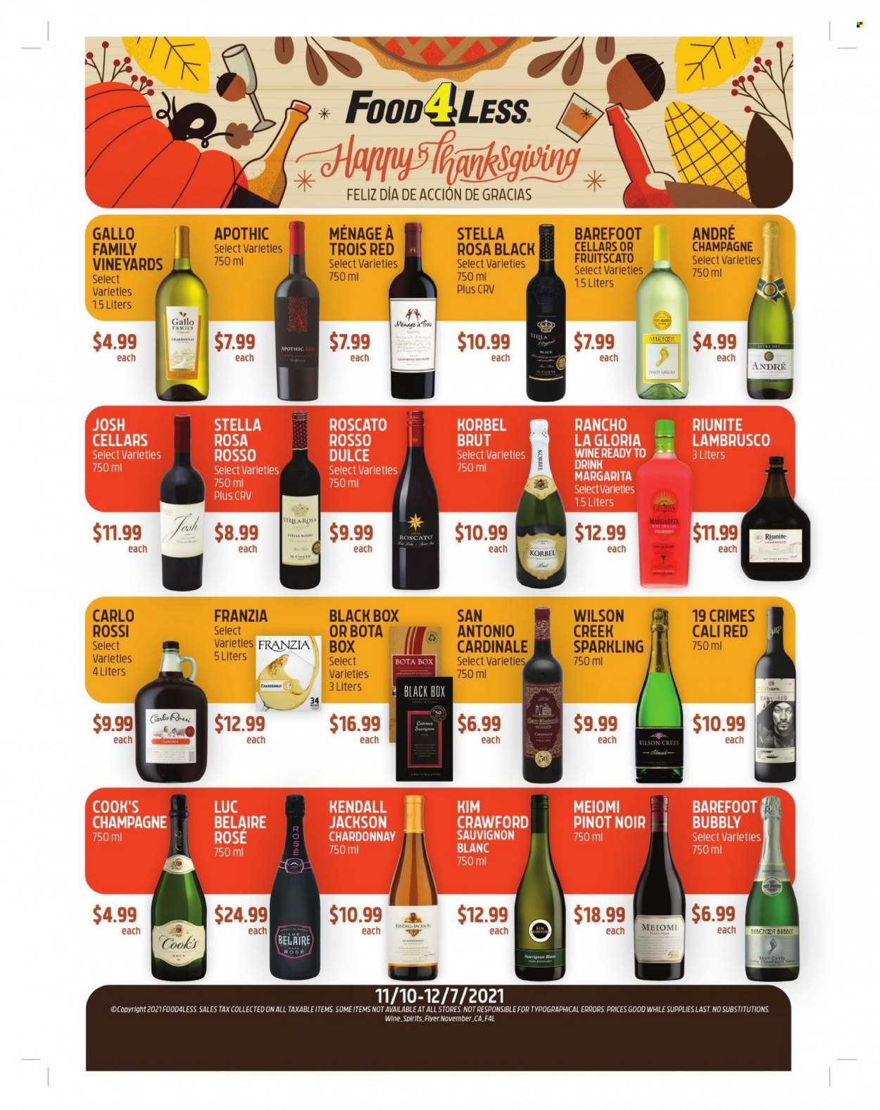 thumbnail - Food 4 Less Flyer - 11/10/2021 - 12/07/2021 - Sales products - Cabernet Sauvignon, red wine, white wine, champagne, Chardonnay, wine, Pinot Noir, Gallo Family, Pinot Grigio, Sauvignon Blanc, Fruitscato, rosé wine. Page 1.