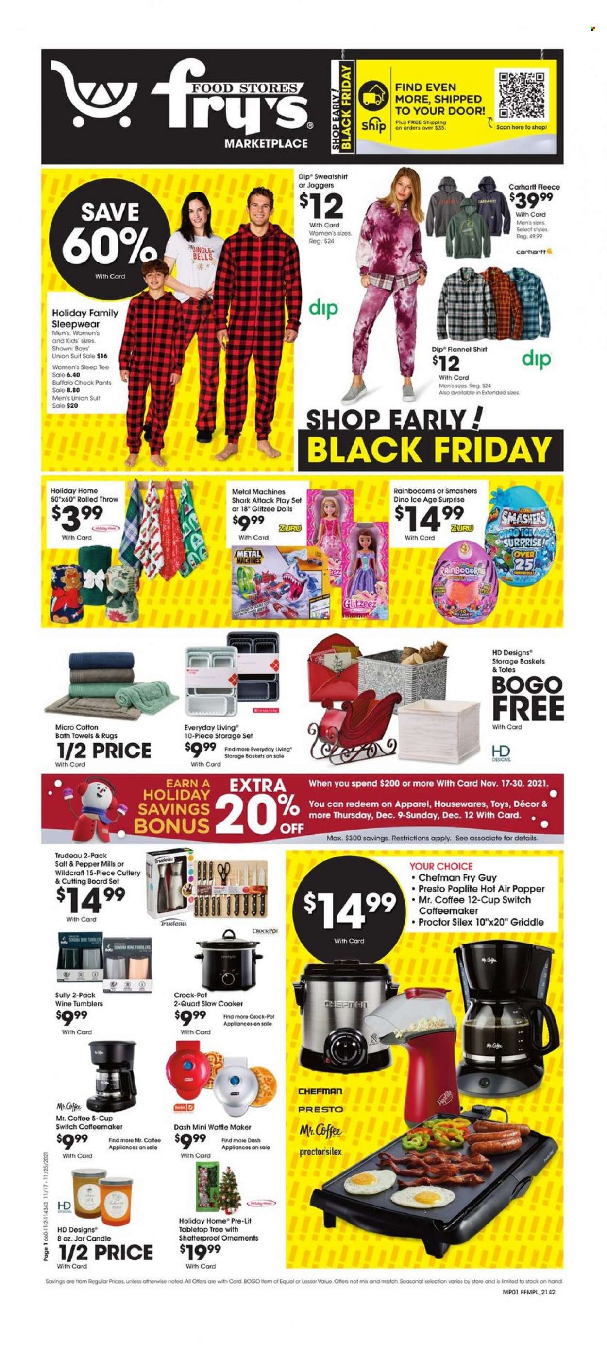 thumbnail - Fry’s Flyer - 11/17/2021 - 11/25/2021 - Sales products - switch, coffee, wine, pants, basket, cutting board, tumbler, pot, storage container set, candle, bath towel, towel, Chefman, slow cooker. Page 1.