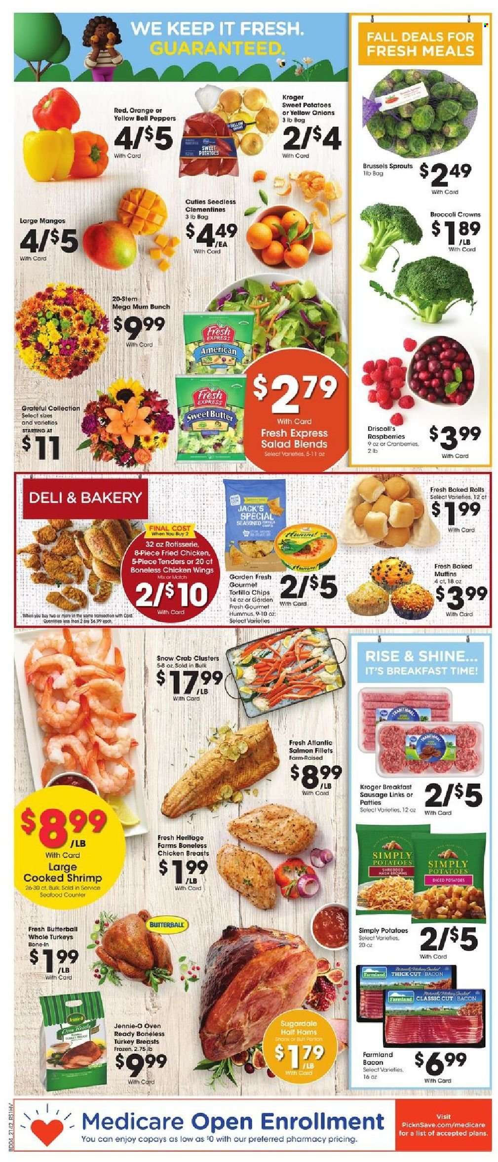thumbnail - Pick ‘n Save Flyer - 11/17/2021 - 11/25/2021 - Sales products - muffin, bell peppers, sweet potato, potatoes, onion, salad, peppers, mango, oranges, salmon, salmon fillet, crab, shrimps, diced potatoes, fried chicken, Sugardale, bacon, Butterball, sausage, hummus, chicken wings, tortilla chips, turkey breast, chicken breasts, Mum, clementines. Page 7.