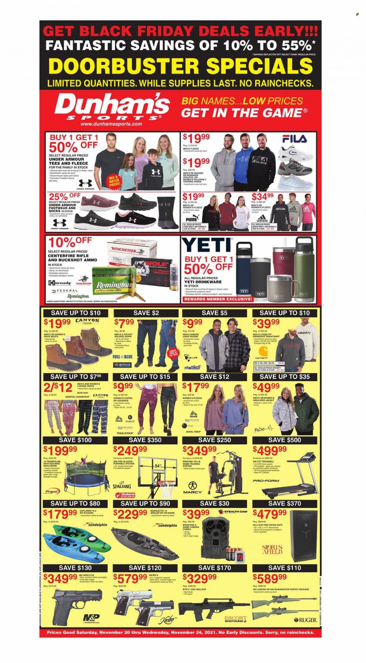 thumbnail - Dunham's Sports Flyer - 11/20/2021 - 11/24/2021 - Sales products - Adidas, boots, Fila, shoes, Under Armour, Puma, camera, stealth cam, jacket, loungewear, jeans, pants, Spalding, sherpa, leggings, socks, treadmill, home training system, Remington, gun, handgun ammo, ammo, kayak. Page 1.