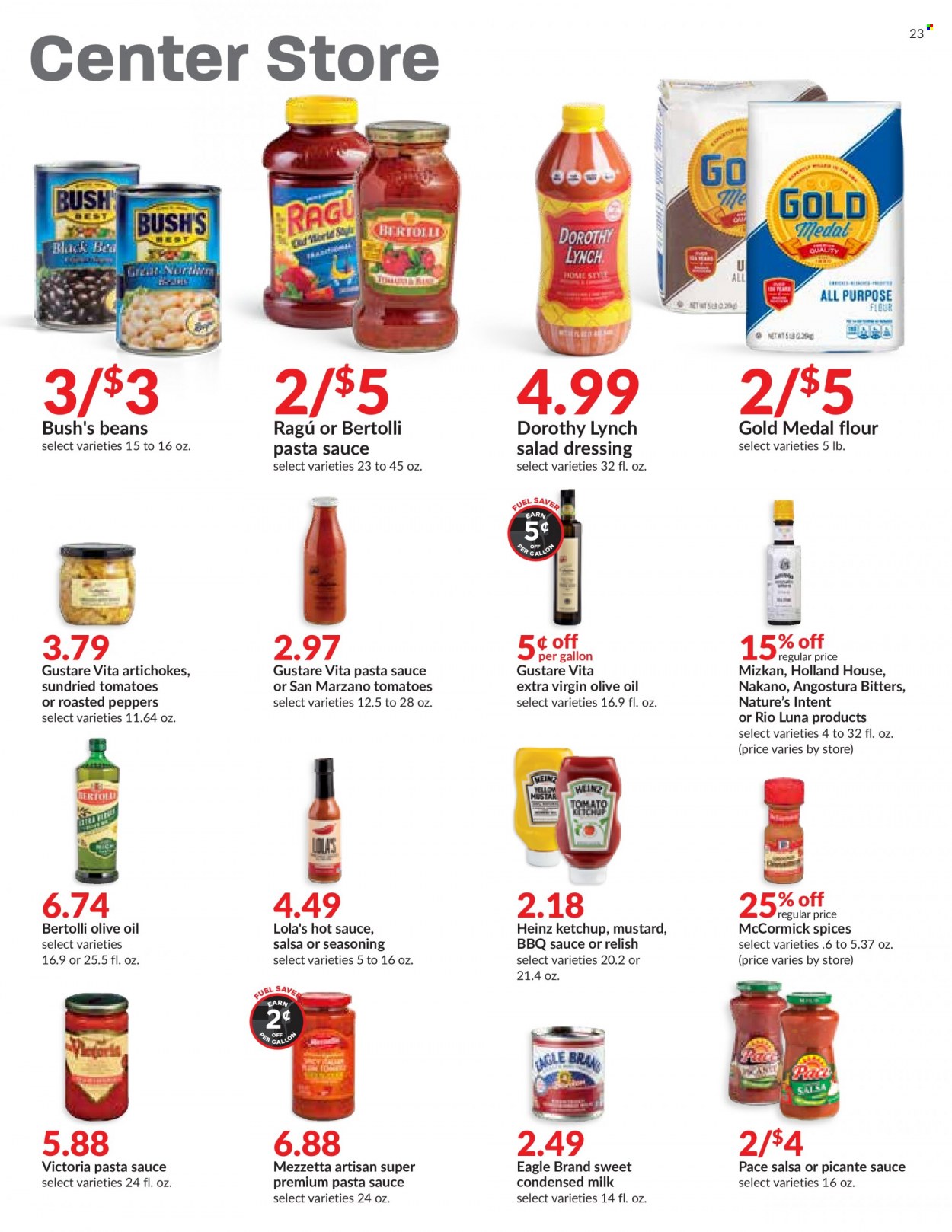 thumbnail - Hy-Vee Flyer - 11/17/2021 - 11/25/2021 - Sales products - artichoke, beans, pasta sauce, sauce, Bertolli, condensed milk, all purpose flour, flour, dried tomatoes, Heinz, relish, spice, BBQ sauce, mustard, salad dressing, hot sauce, ketchup, dressing, salsa, ragu, extra virgin olive oil, olive oil, oil, pan. Page 23.