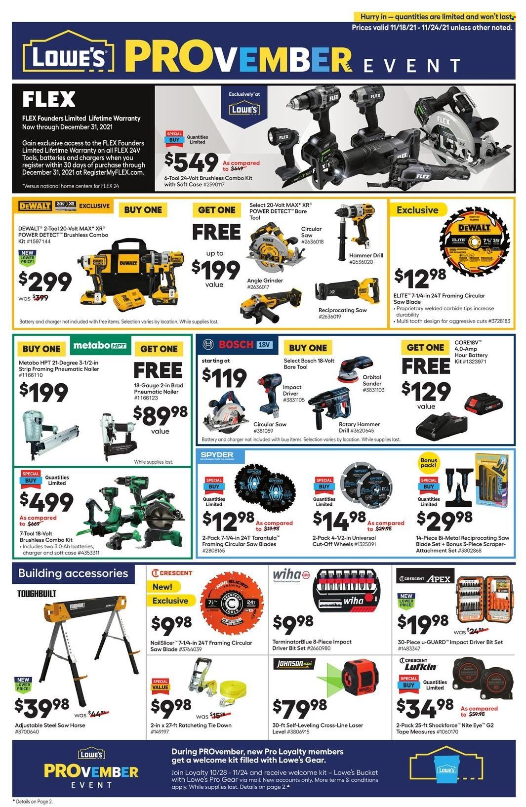 thumbnail - Lowe's Flyer - 11/18/2021 - 11/24/2021 - Sales products - DeWALT, Gain, nailer, Bosch, grinder, drill, impact driver, circular saw blade, angle grinder, reciprocating saw blade, grinding wheel, combo kit, measuring tape. Page 1.