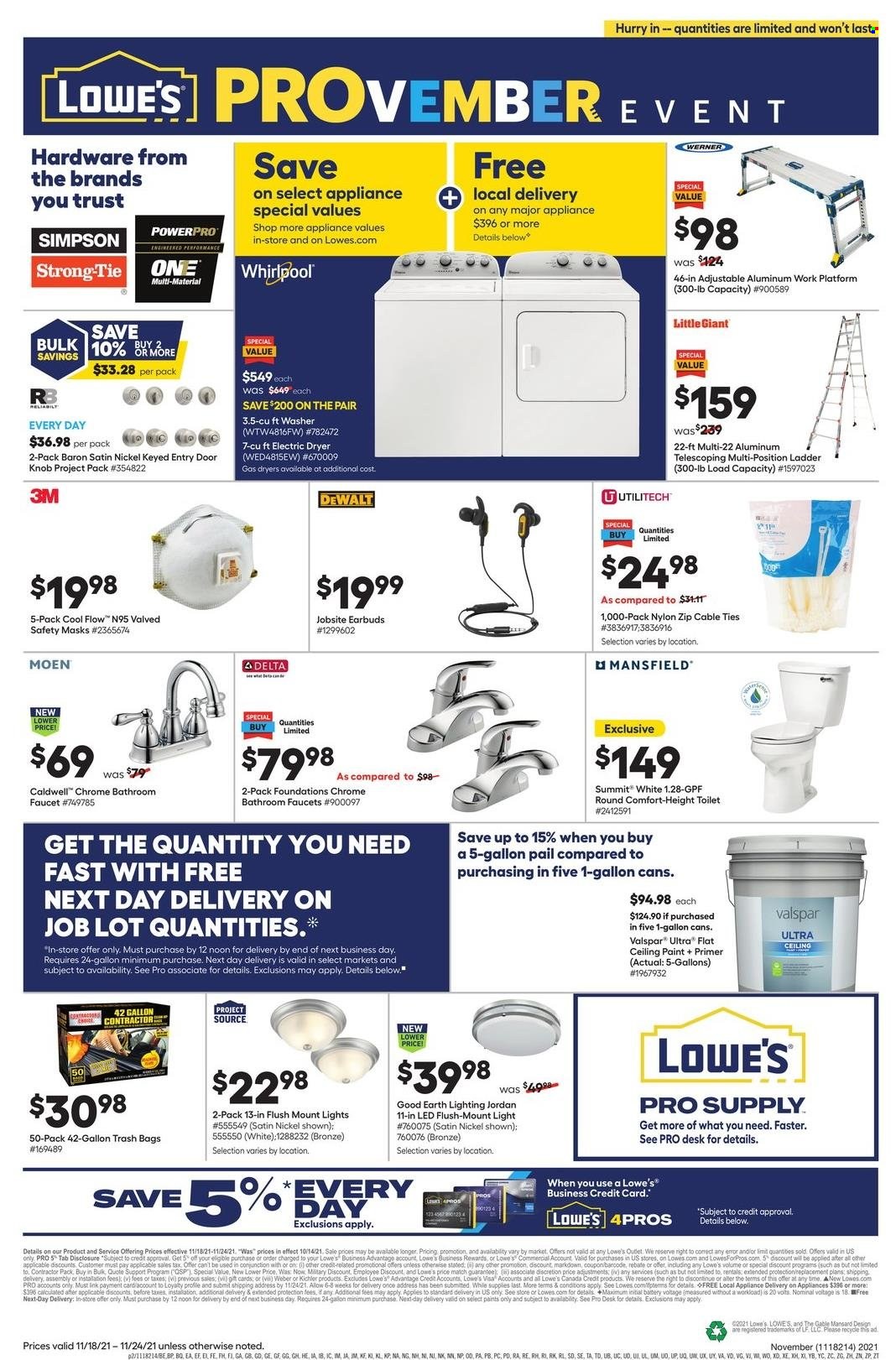 thumbnail - Lowe's Flyer - 11/18/2021 - 11/24/2021 - Sales products - toilet, faucet, DeWALT, Anew, bag, trash bags, earbuds, Whirlpool, washing machine, electric dryer, desk, Caldwell, ladder, paint, Jordan, lighting, Valspar. Page 2.