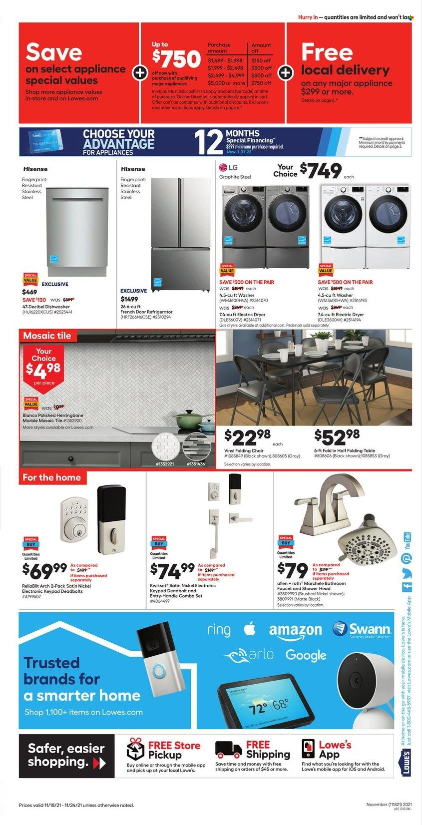 Lowe's Flyer - 11/18/2021 - 11/24/2021 - Sales products - faucet, showerhead, LG, french door refrigerator, refrigerator, Hisense, dishwasher, washing machine, electric dryer, table, folding table, folding chair. Page 8.