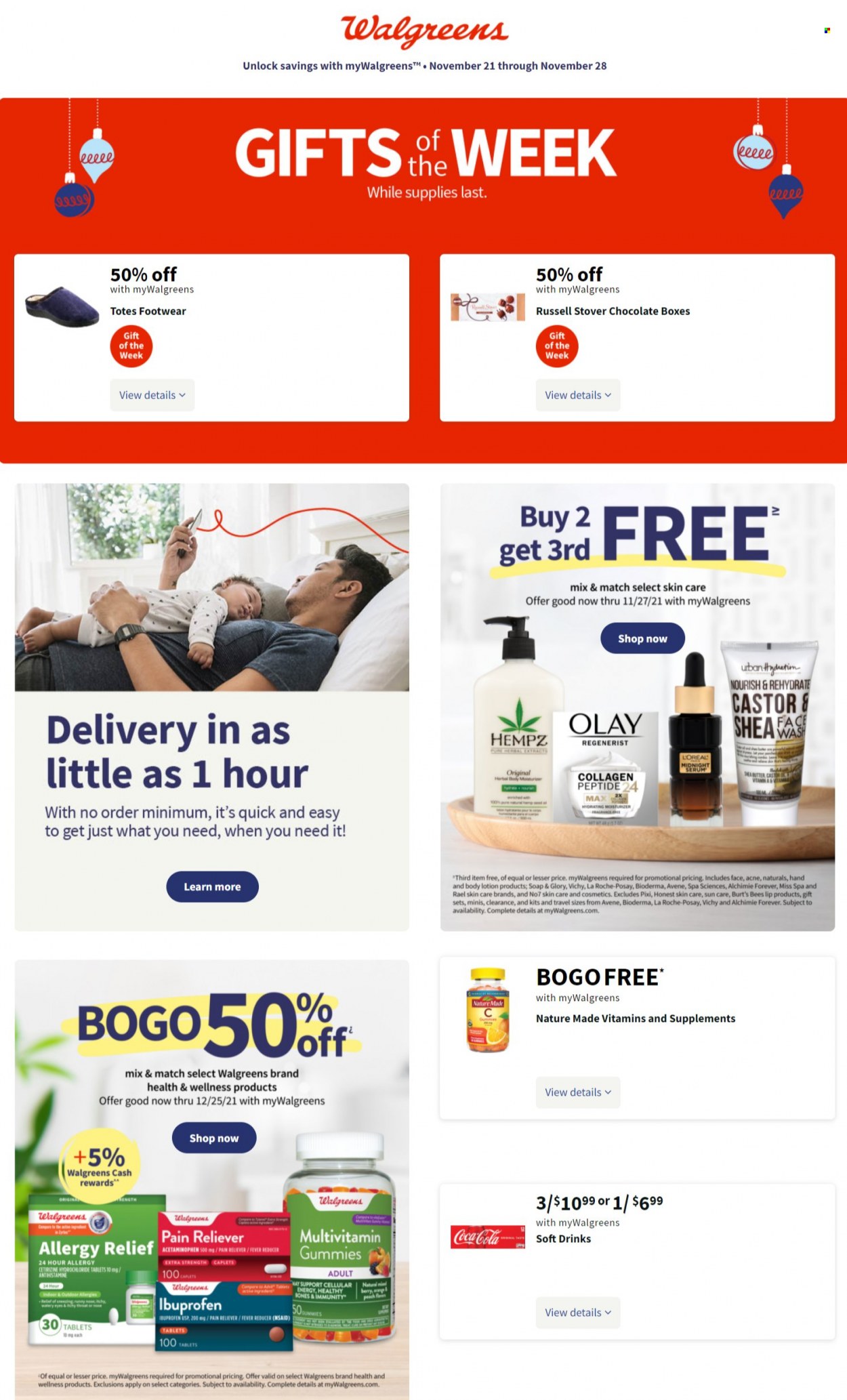 thumbnail - Walgreens Flyer - 11/21/2021 - 11/28/2021 - Sales products - chocolate, Coca-Cola, soft drink, Vichy, soap, L’Oréal, La Roche-Posay, serum, Olay, body lotion, tote, multivitamin, Nature Made, Ibuprofen, allergy relief. Page 1.