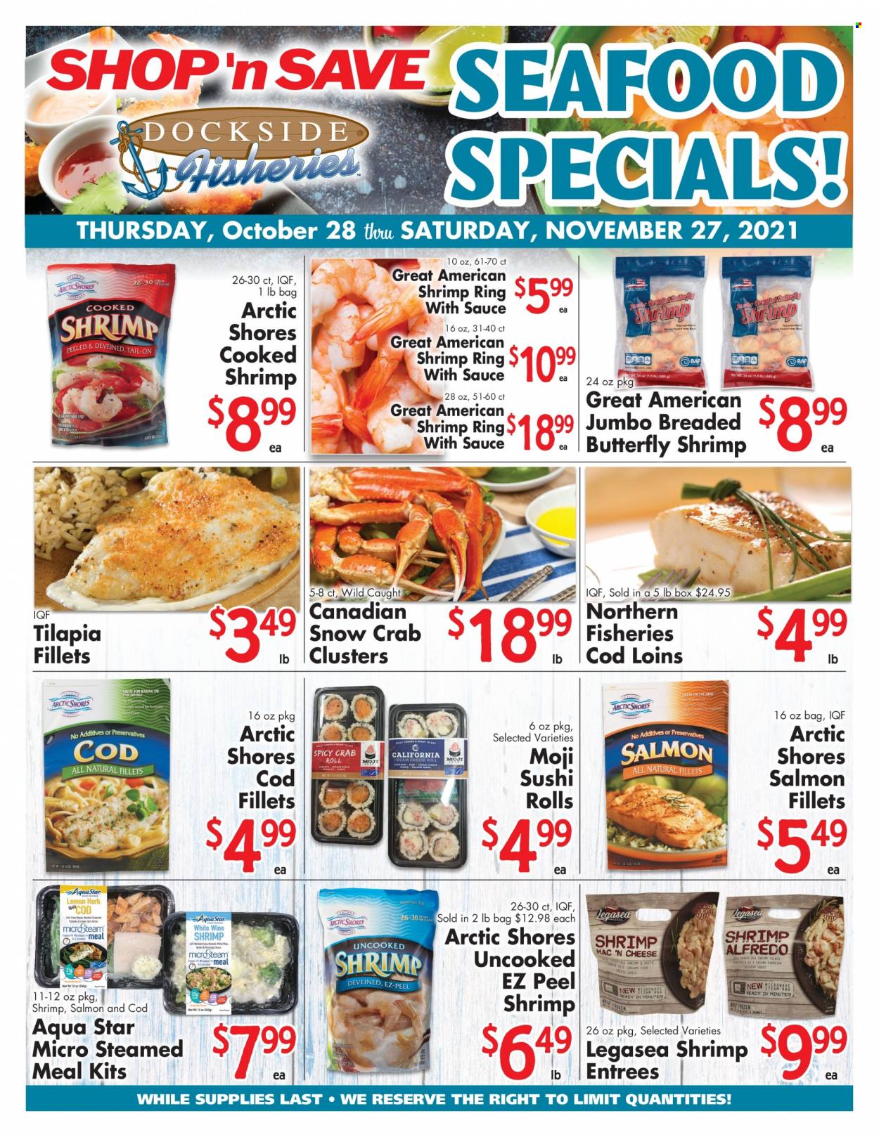 thumbnail - Shop ‘n Save Flyer - 10/28/2021 - 11/27/2021 - Sales products - cod, salmon, salmon fillet, tilapia, seafood, crab, shrimps, Arctic Shores. Page 2.