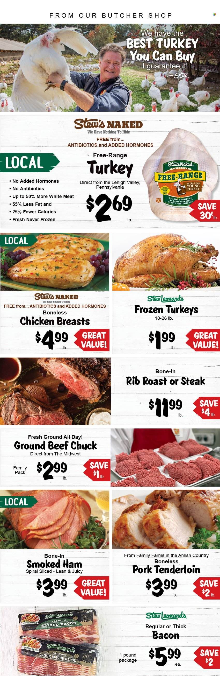 thumbnail - Stew Leonard's Flyer - 11/17/2021 - 11/30/2021 - Sales products - chicken breasts, beef meat, ground beef, steak, pork meat, pork tenderloin, bacon, ham, smoked ham. Page 1.