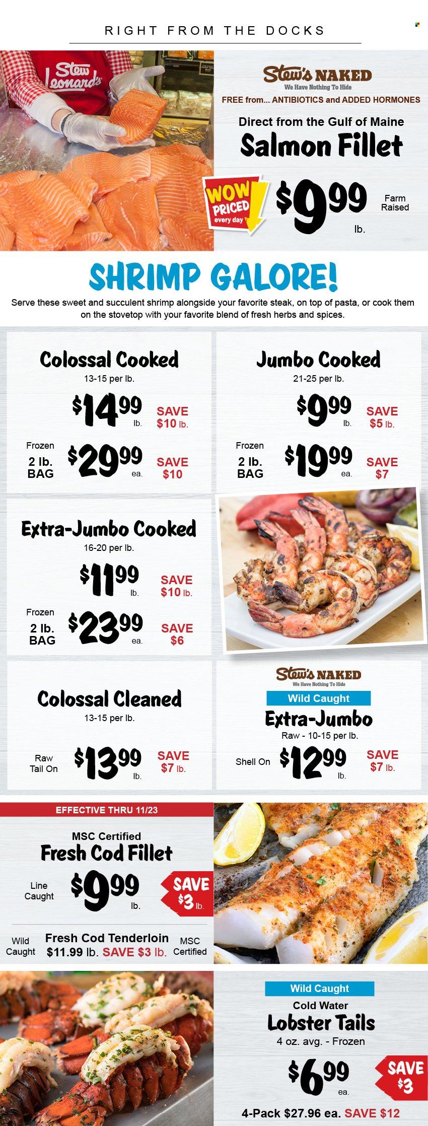 thumbnail - Stew Leonard's Flyer - 11/17/2021 - 11/30/2021 - Sales products - steak, cod, lobster, salmon, salmon fillet, lobster tail, shrimps, pasta, herbs. Page 2.