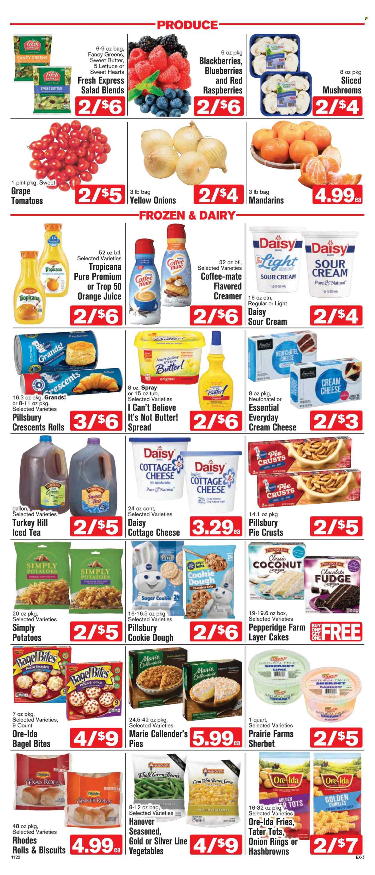 thumbnail - Shop ‘n Save Express Flyer - 11/20/2021 - 11/26/2021 - Sales products - bagels, pie, dinner rolls, apple pie, cream pie, green beans, potatoes, lettuce, salad, blackberries, blueberries, mandarines, coconut, diced potatoes, pizza, onion rings, Pillsbury, Marie Callender's, cottage cheese, Neufchâtel, buttermilk, Coffee-Mate, I Can't Believe It's Not Butter, sour cream, creamer, sherbet, hash browns, potato fries, Ore-Ida, tater tots, cookie dough, fudge, chocolate chips, snack, biscuit, pie crust, spice, orange juice, juice, ice tea. Page 3.