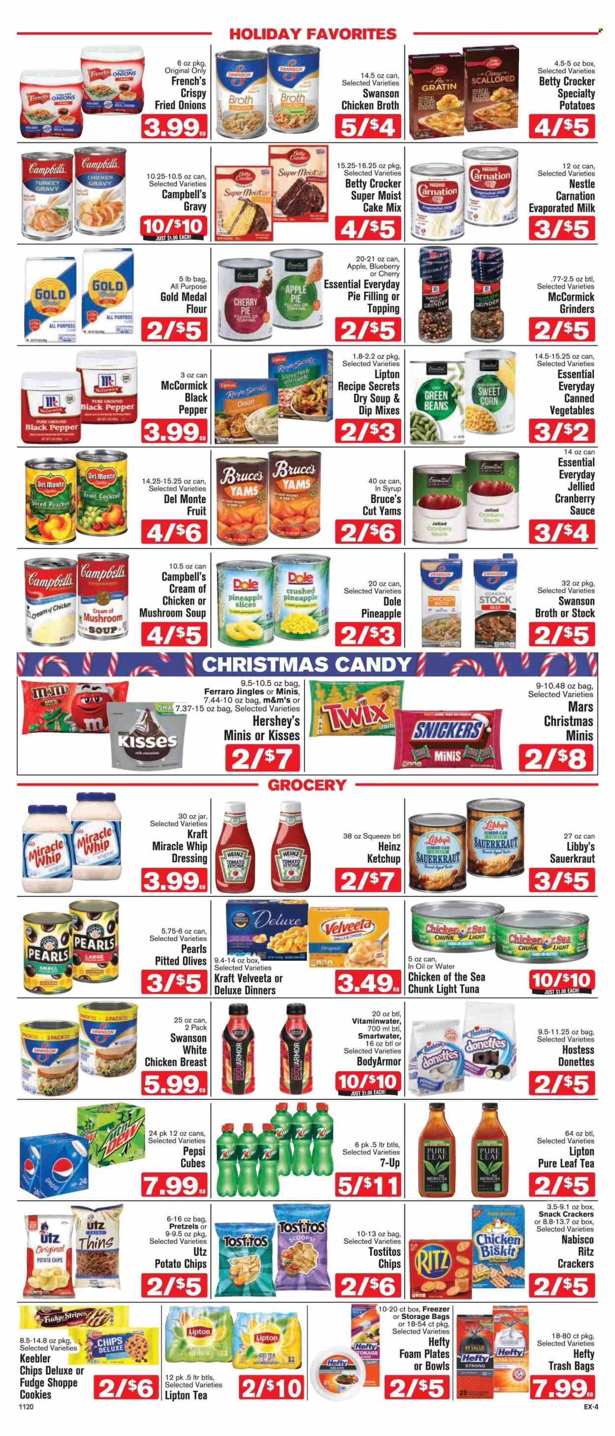 thumbnail - Shop ‘n Save Express Flyer - 11/20/2021 - 11/26/2021 - Sales products - pretzels, apple pie, cake mix, beans, corn, garlic, green beans, Dole, pineapple, chicken breasts, tuna, Campbell's, mushroom soup, soup, sauce, Kraft®, evaporated milk, Miracle Whip, Hershey's, cookies, fudge, Nestlé, snack, Snickers, Twix, Mars, M&M's, crackers, Keebler, RITZ, potato chips, chips, Thins, Tostitos, flour, pie filling, chicken broth, topping, broth, sauerkraut, Heinz, olives, canned vegetables, light tuna, Chicken of the Sea, turkey gravy, ketchup, dressing, cranberry sauce, Pepsi, Lipton, ice tea, 7UP, Smartwater, Pure Leaf, peaches. Page 4.