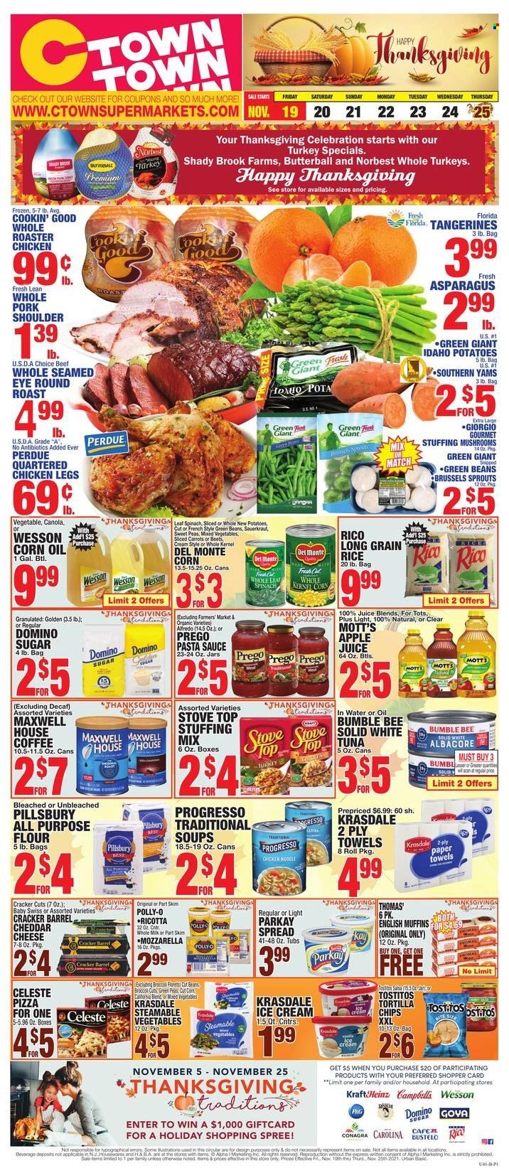 thumbnail - C-Town Flyer - 11/19/2021 - 11/25/2021 - Sales products - english muffins, asparagus, carrots, corn, green beans, potatoes, brussel sprouts, Mott's, tuna, pizza, pasta sauce, Bumble Bee, sauce, Pillsbury, Progresso, Perdue®, Kraft®, Butterball, ricotta, ice cream, mixed vegetables, Celeste, Celebration, crackers, tortilla chips, chips, Tostitos, all purpose flour, stuffing mix, sugar, sauerkraut, rice, long grain rice, salsa, juice, Maxwell House, tangerines. Page 1.