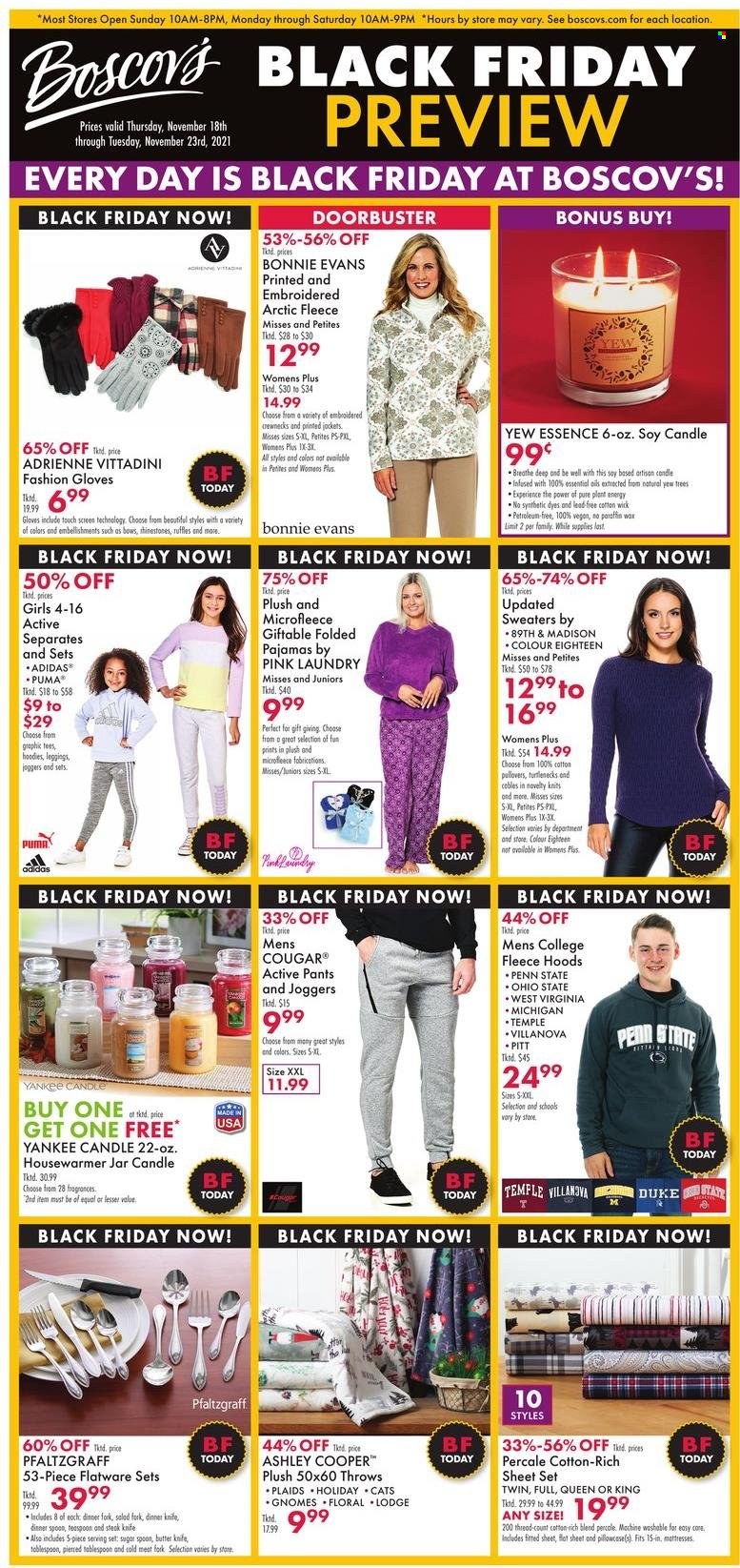 thumbnail - Boscov's Flyer - 11/18/2021 - 11/23/2021 - Sales products - Adidas, Puma, knife, flatware, fork, spoon, butter knife, teaspoon, serving set, candle, Yankee Candle, pants, t-shirt, hoodie, joggers, leggings, pajamas. Page 1.