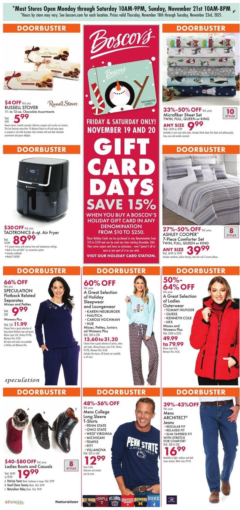 thumbnail - Boscov's Flyer - 11/18/2021 - 11/23/2021 - Sales products - boots, Guess, Tommy Hilfiger, pie, chocolate, cookbook, comforter, pillow, stove, air fryer, loungewear, jeans, pants, t-shirt, sleepwear. Page 1.
