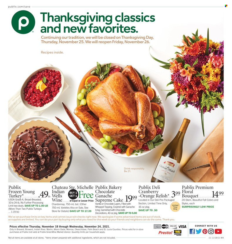 thumbnail - Publix Flyer - 11/18/2021 - 11/24/2021 - Sales products - cake, oranges, chocolate, topping, Chardonnay, wine. Page 1.
