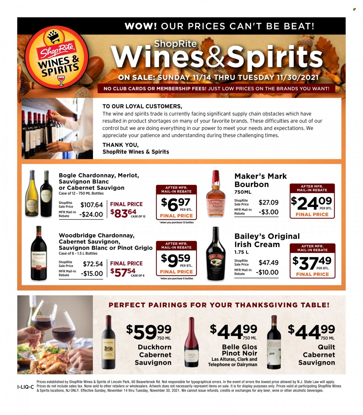 thumbnail - ShopRite Flyer - 11/14/2021 - 11/30/2021 - Sales products - Cabernet Sauvignon, red wine, Merlot, Pinot Noir, Pinot Grigio, Sauvignon Blanc, Woodbridge, bourbon, irish cream, Baileys, beer. Page 1.