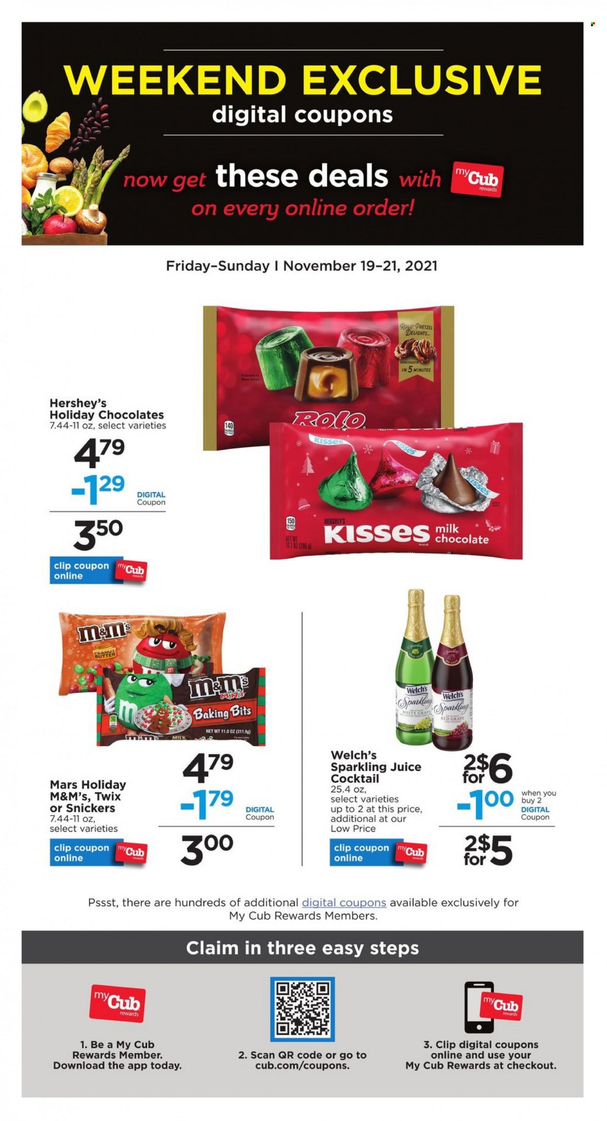 thumbnail - Cub Foods Flyer - 11/19/2021 - 11/21/2021 - Sales products - pretzels, Welch's, milk, Hershey's, chocolate, Snickers, Twix, Mars, M&M's, juice, sparkling juice. Page 1.