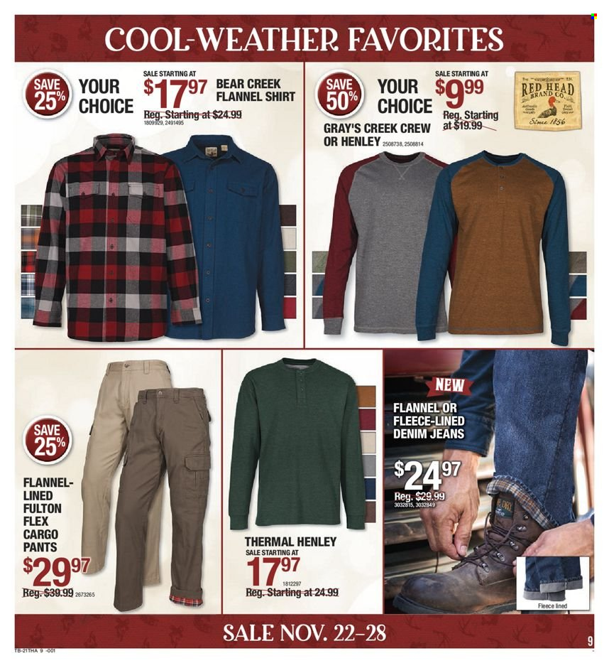 thumbnail - Bass Pro Shops Flyer - 11/22/2021 - 11/28/2021 - Sales products - cargo pants, jeans, pants, Denim, flannel shirt, shirt. Page 9.