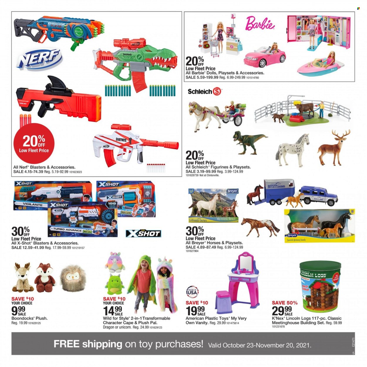 thumbnail - Fleet Farm Flyer - 11/19/2021 - 11/27/2021 - Sales products - Mustang, Barbie, Nerf, building set, doll, K'NEX, Lincoln Logs, Schleich, vanity, play set, toys, Breyer, Zuru, plush toy. Page 5.