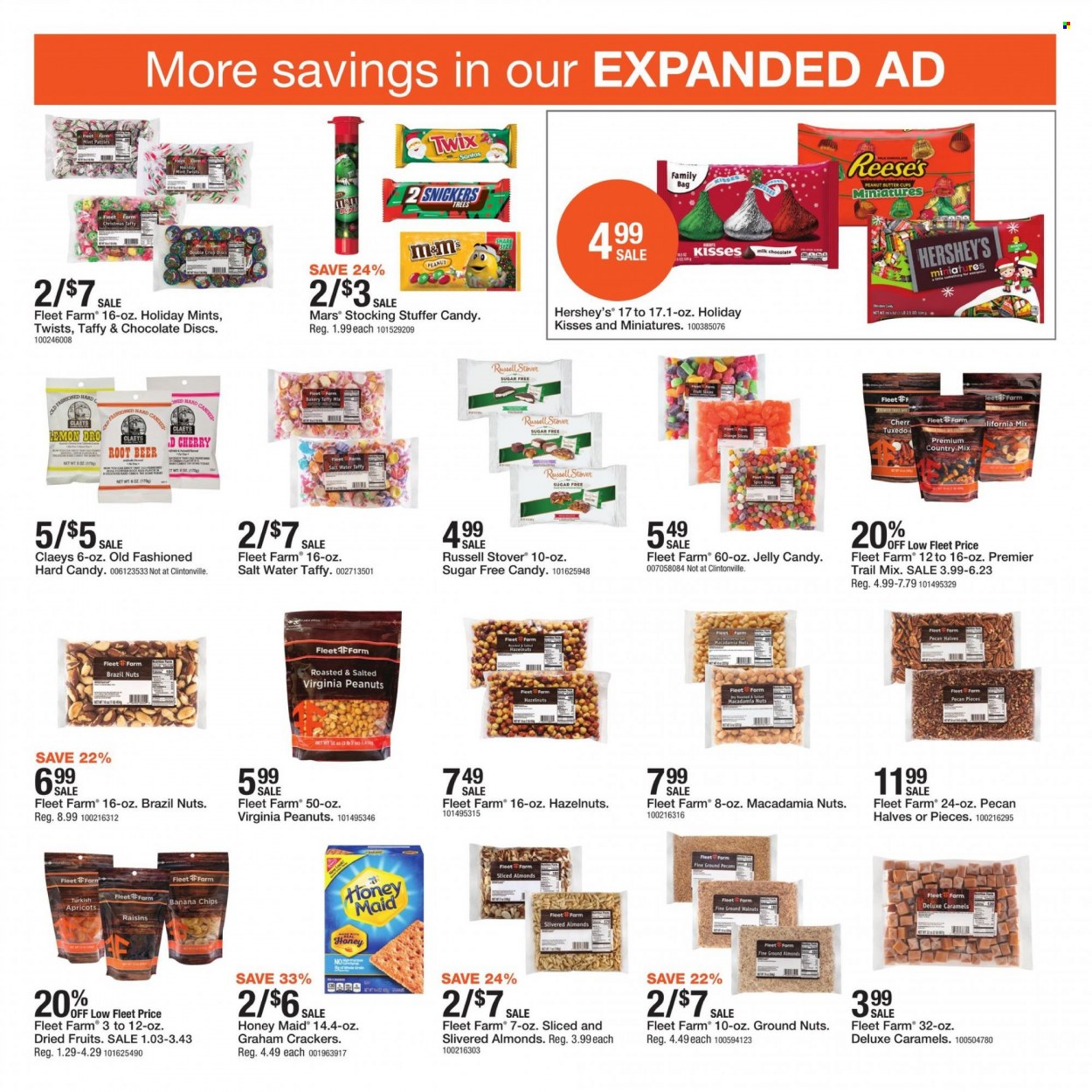 thumbnail - Fleet Farm Flyer - 11/19/2021 - 11/27/2021 - Sales products - graham crackers, milk chocolate, chocolate, Snickers, Twix, Mars, jelly, crackers, jelly candy, Reese's, Hershey's, peanut butter cups, Honey Maid, almonds, macadamia nuts, raisins, walnuts, hazelnuts, peanuts, pecans, dried fruit, apricots, banana chips, trail mix, brazil nuts, beer, bag. Page 33.