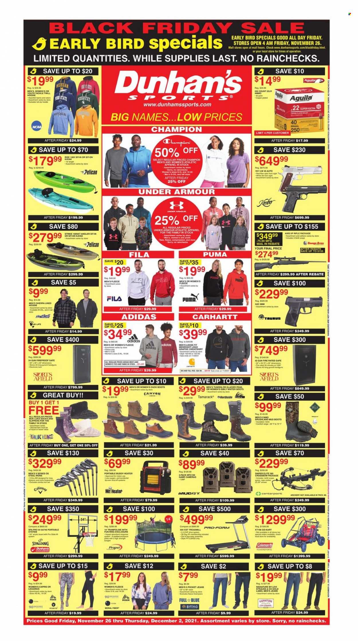 thumbnail - Dunham's Sports Flyer - 11/26/2021 - 12/02/2021 - Sales products - Adidas, boots, Fila, slippers, Under Armour, winter boots, Puma, Coleman, camera, jeans, Spalding, sherpa, sweatshirt, leggings, socks, treadmill, gun, ammo, kayak, crossbow. Page 1.