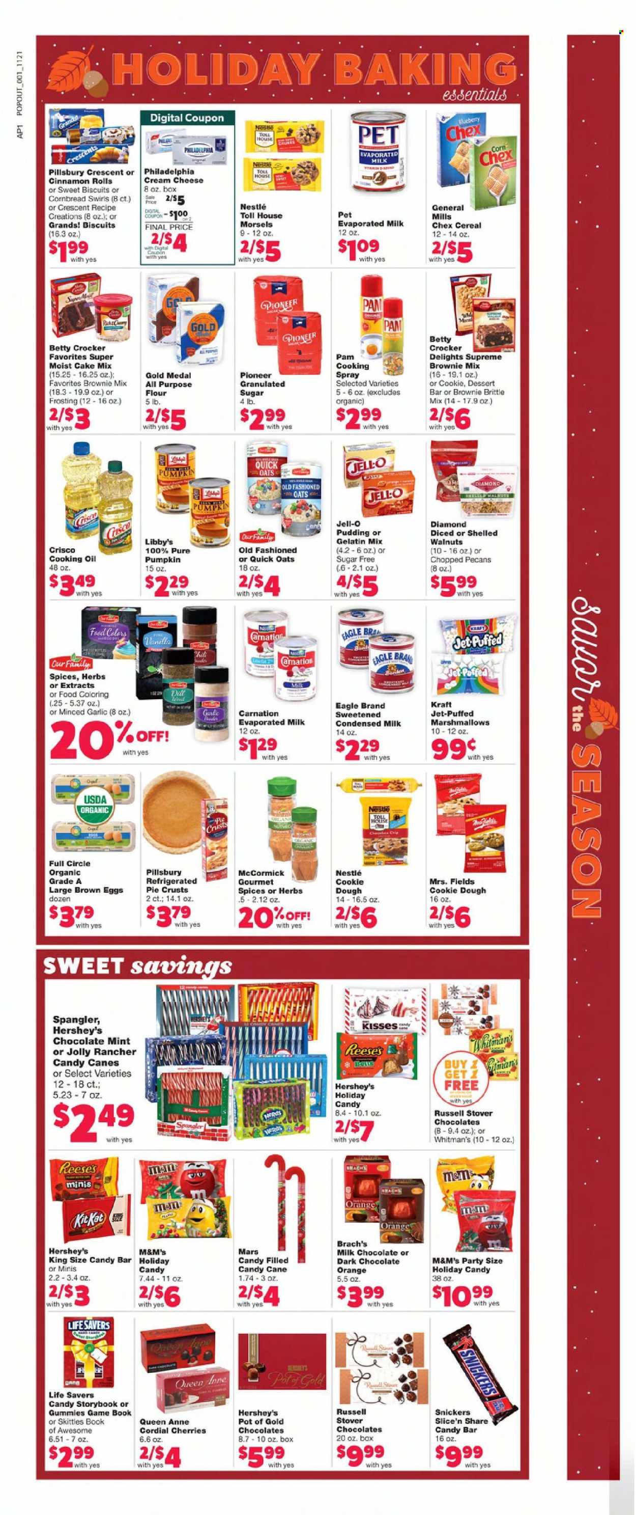 thumbnail - Family Dollar Flyer - 11/21/2021 - 11/27/2021 - Sales products - corn bread, cinnamon roll, brownie mix, cake mix, corn, cherries, Pillsbury, Kraft®, cream cheese, Philadelphia, cheese, pudding, evaporated milk, condensed milk, eggs, Reese's, Hershey's, cookie dough, marshmallows, milk chocolate, Nestlé, chocolate, candy cane, Snickers, Mars, M&M's, biscuit, Skittles, all purpose flour, Crisco, flour, frosting, pie crust, oats, Jell-O, cereals, Quick Oats, dill, herbs, cooking spray, oil, walnuts, pecans, Jet, pot, book, Pioneer, digital pet. Page 7.