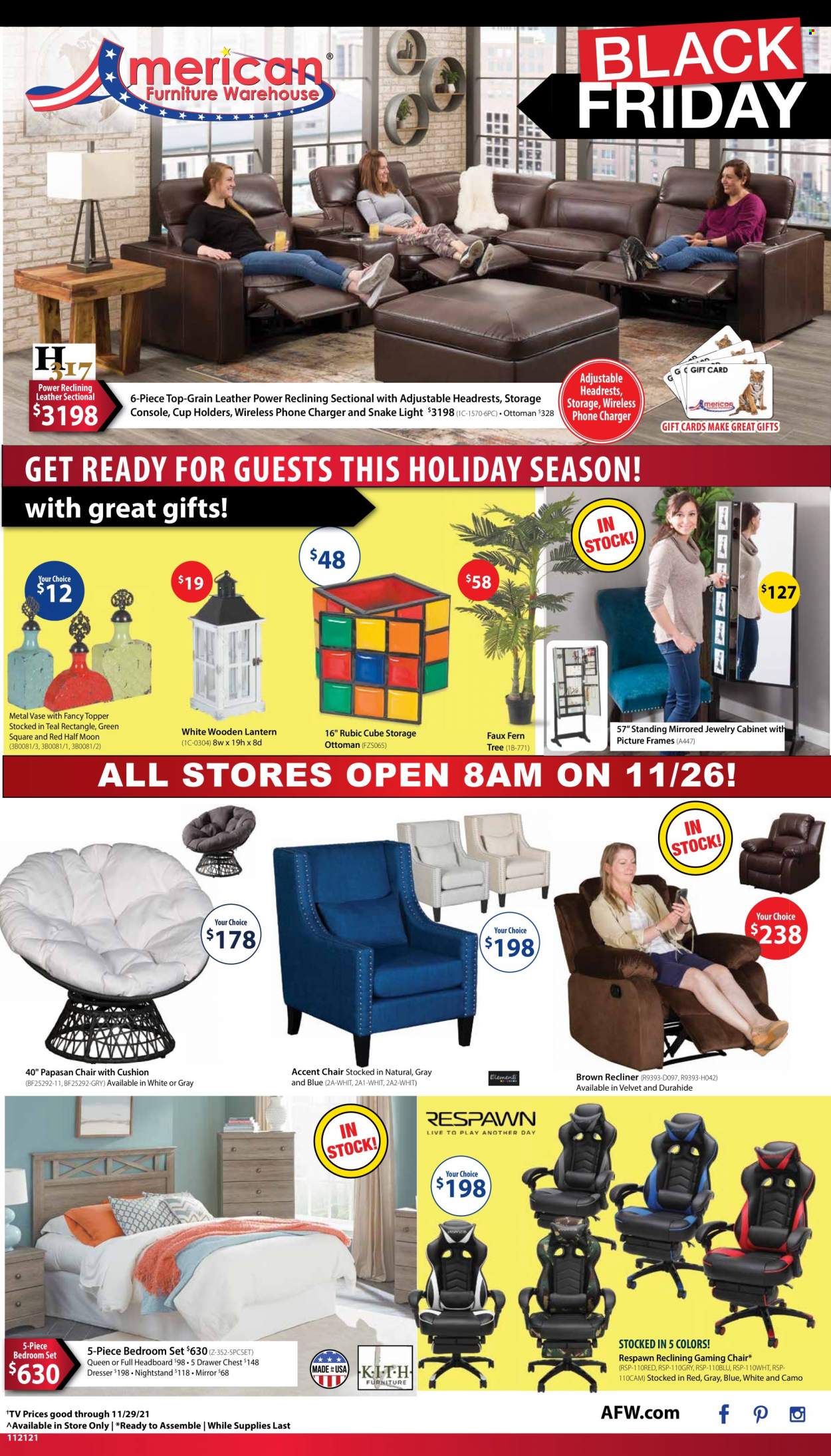 thumbnail - American Furniture Warehouse Flyer - 11/21/2021 - 11/29/2021 - Sales products - cabinet, chair, accent chair, recliner chair, ottoman, headboard, dresser, nightstand, mirror, lantern, picture frame, vase, topper. Page 1.